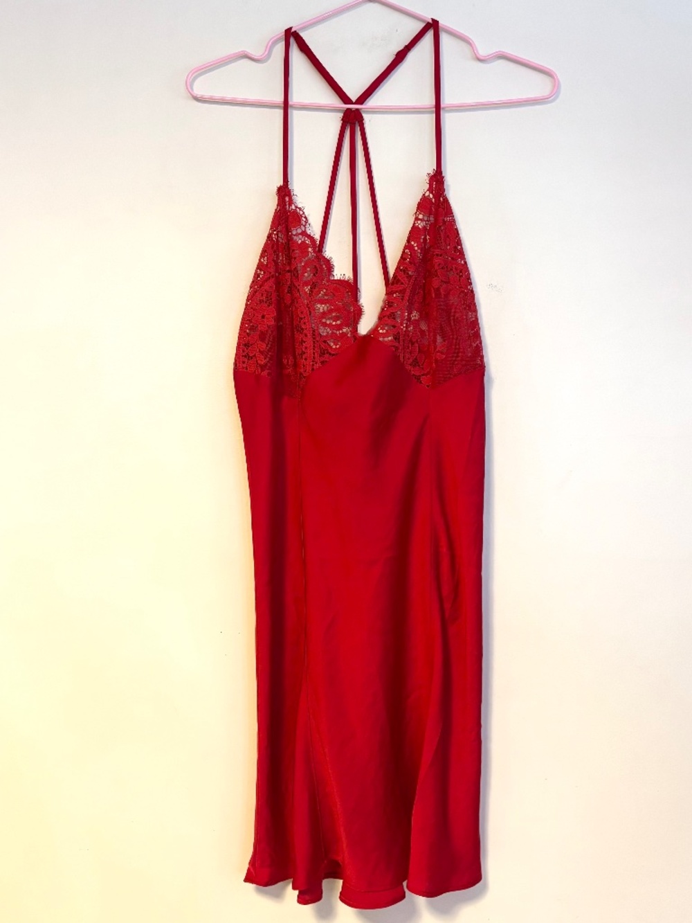 Jezebel Silky Satin Lace Sheer Sexy Lingerie Slip Mini Dress Red Womens Large